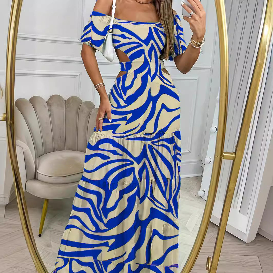 Bedrucktes, einreihiges Langarmkleid mit Hohlsaum, Sommerurlaubskleider für Damen
