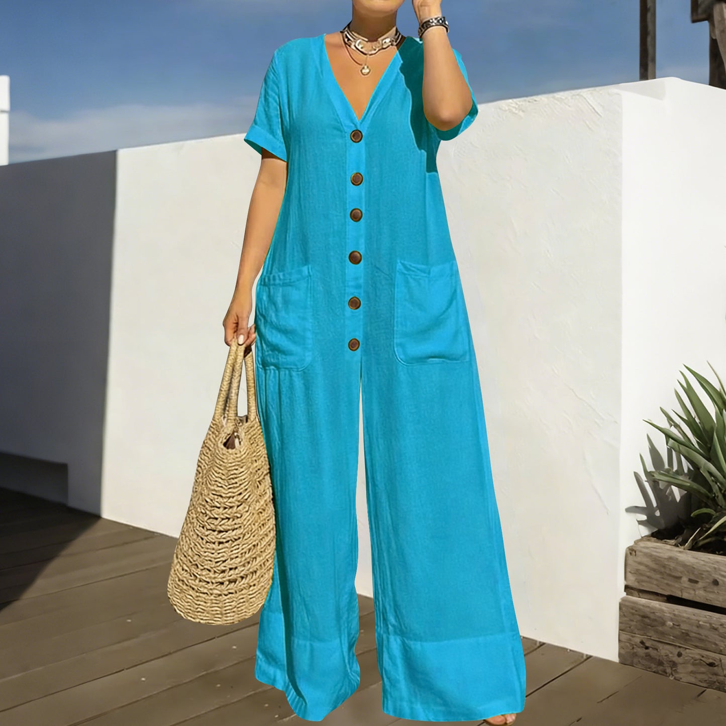 Women's Casual Loose V-Neck Button Jumpsuit