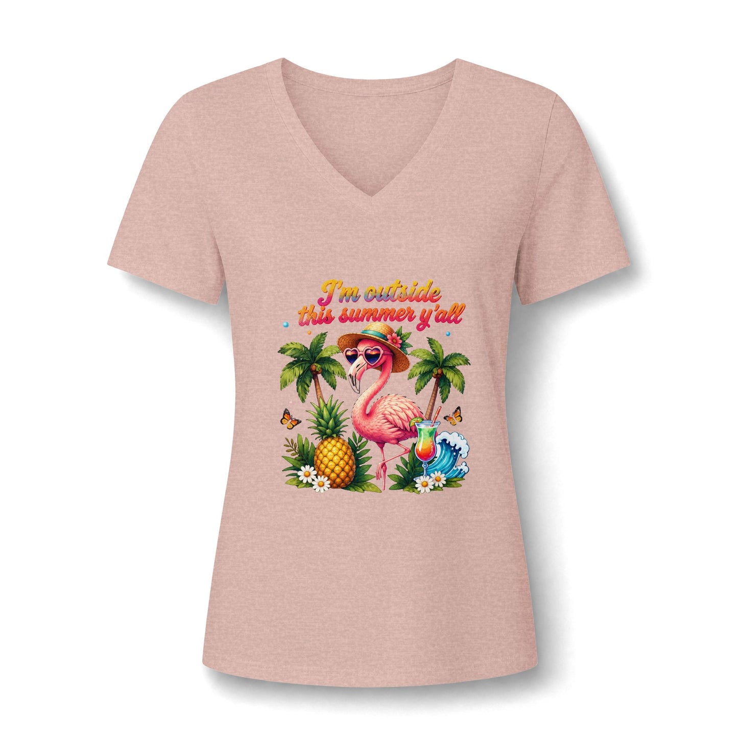 Women’s V-Neck Tee – 'I’m Outside This Summer y’all' Flamingo Tropical Beach Shirt