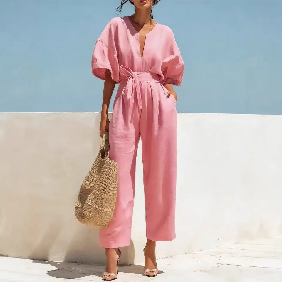 Combinaison femme col V en coton et lin de couleur unie et à la mode