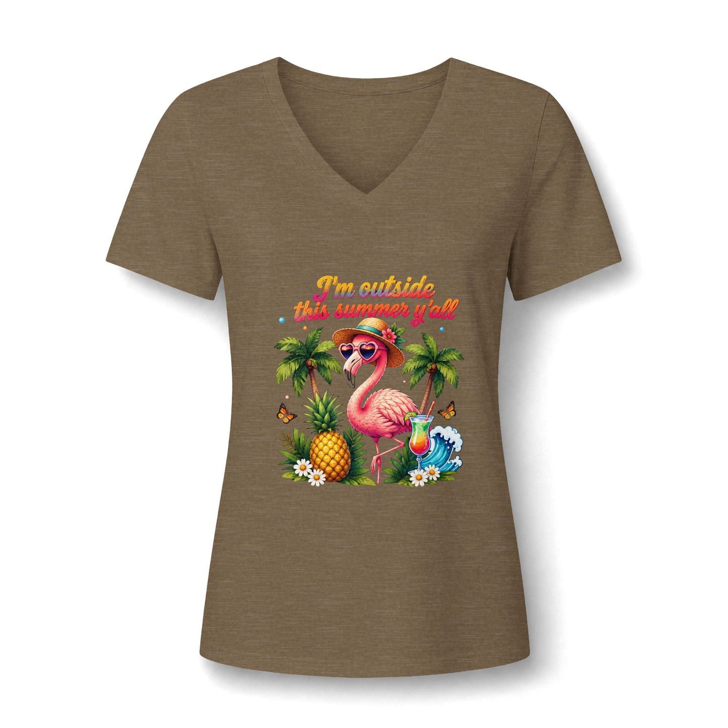 Women’s V-Neck Tee – 'I’m Outside This Summer y’all' Flamingo Tropical Beach Shirt