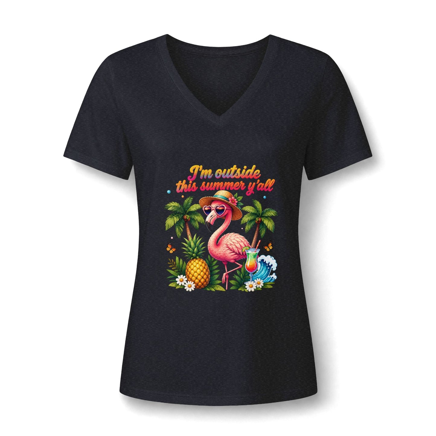 Women’s V-Neck Tee – 'I’m Outside This Summer y’all' Flamingo Tropical Beach Shirt