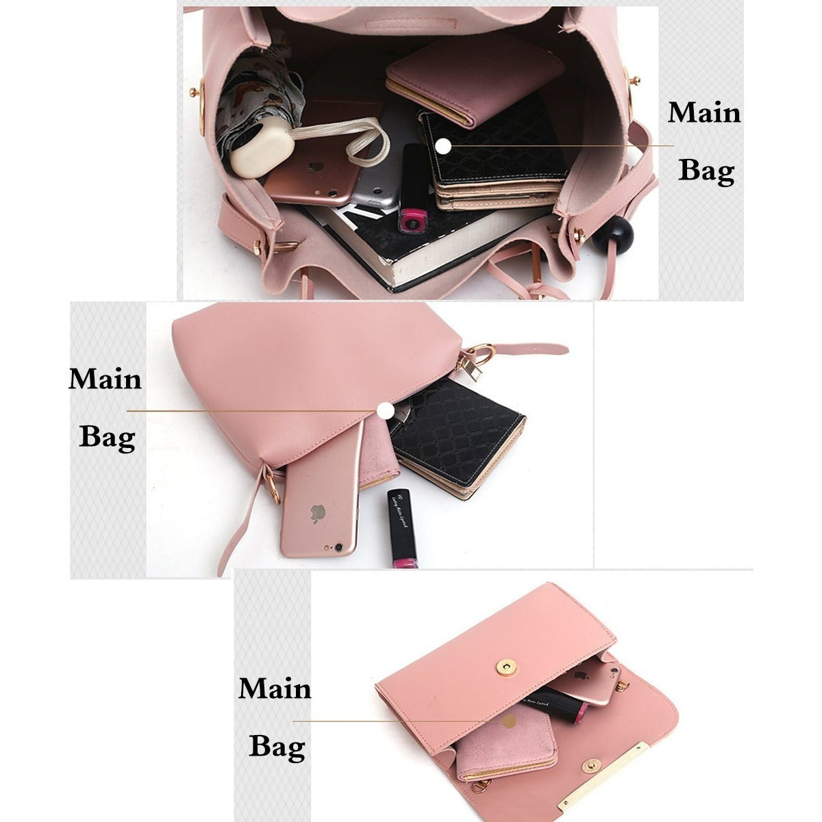 Ensemble de sacs à main pour femme 3 pièces avec pompon, sac fourre-tout, pochette, sac à bandoulière, sac à poignée supérieure