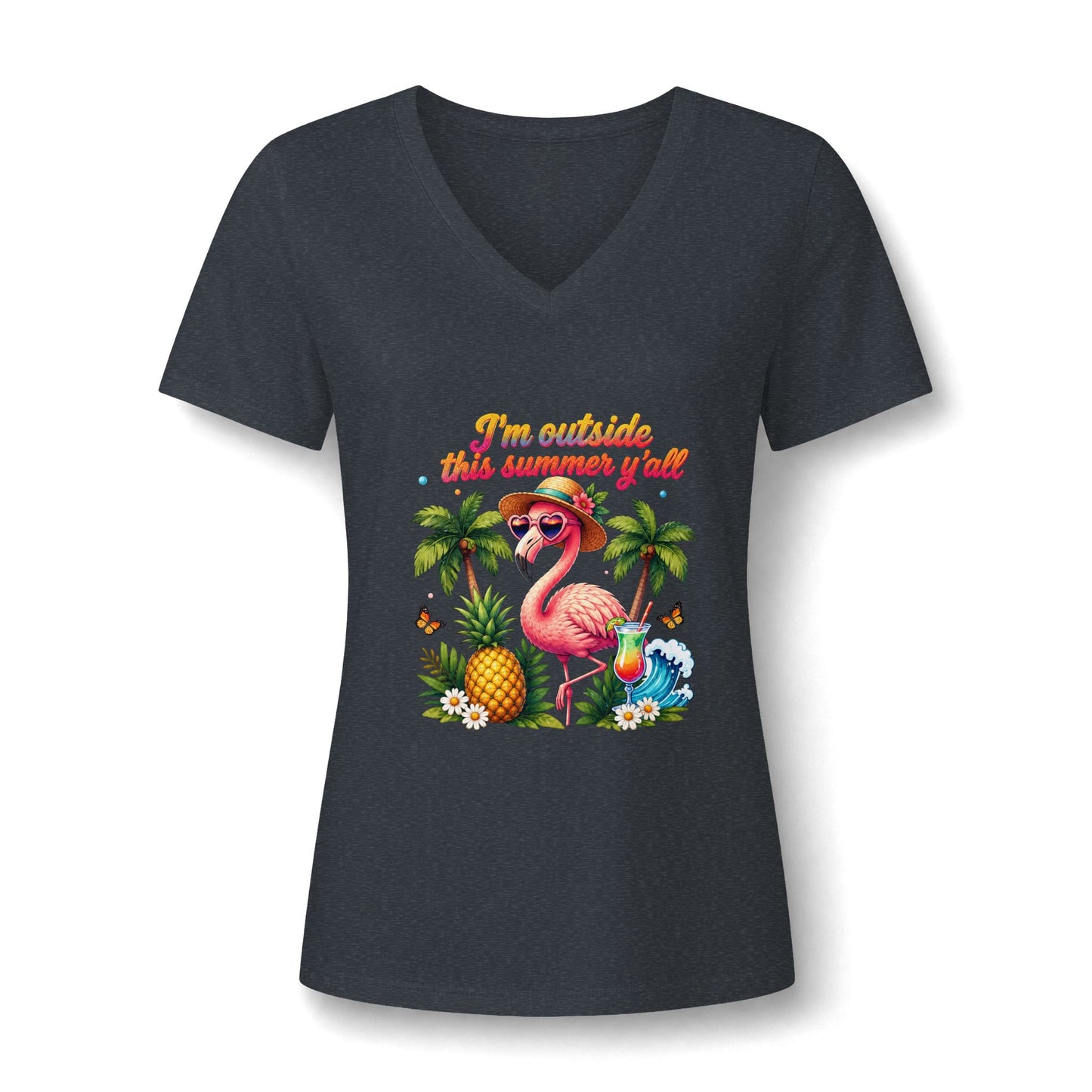 Women’s V-Neck Tee – 'I’m Outside This Summer y’all' Flamingo Tropical Beach Shirt
