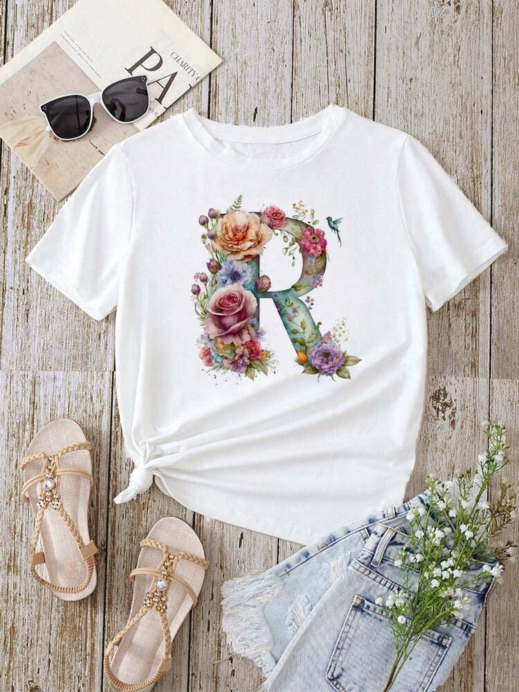 Stylish Womens T-shirt Featuring A Floral Letter Font With The First Letter Of Your Name Short-sleeve Top In White