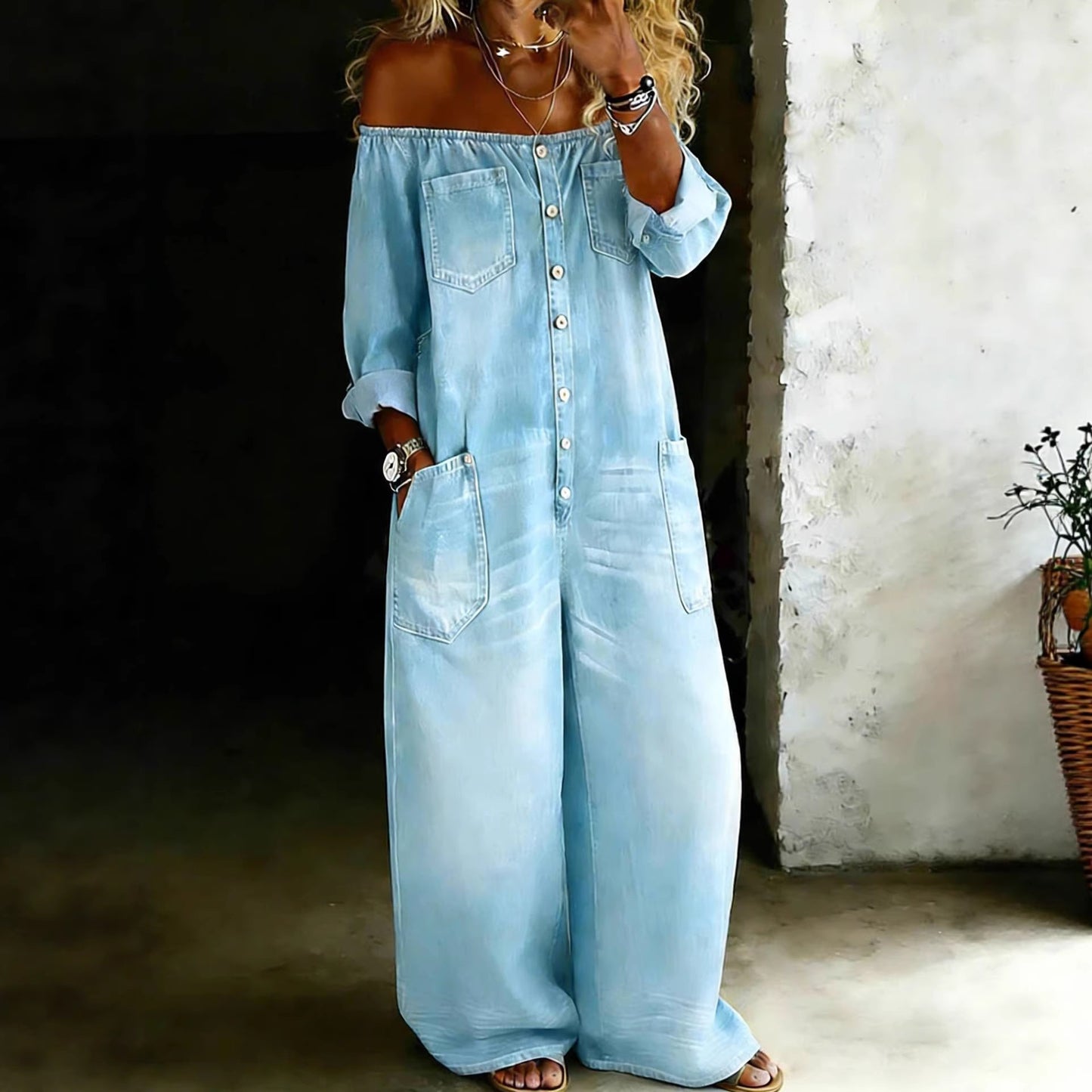 Einreihiger Off-Shoulder Jumpsuit aus gewaschenem Jeansimitat