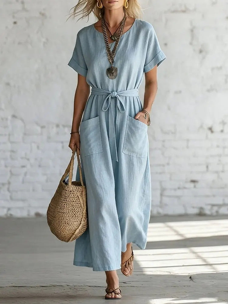 Short-Sleeve V-Neck Cotton-Linen Casual A-Line Dress