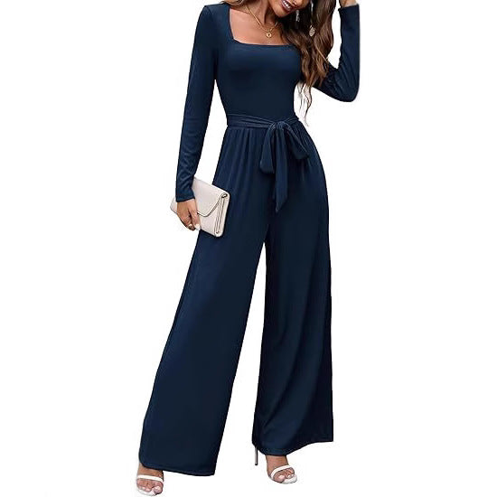 Modischer langärmeliger Jumpsuit mit eckigem Ausschnitt, Bindegürtel und weitem Bein