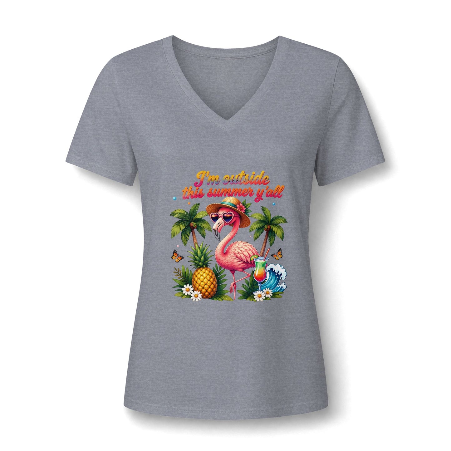 Women’s V-Neck Tee – 'I’m Outside This Summer y’all' Flamingo Tropical Beach Shirt