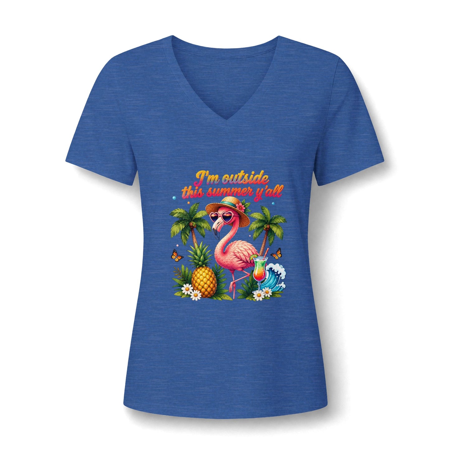 Women’s V-Neck Tee – 'I’m Outside This Summer y’all' Flamingo Tropical Beach Shirt