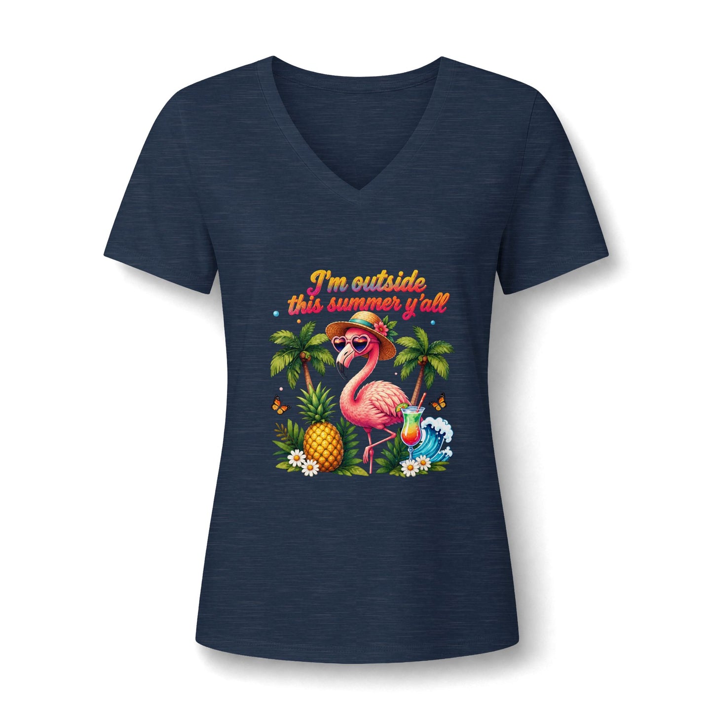Women’s V-Neck Tee – 'I’m Outside This Summer y’all' Flamingo Tropical Beach Shirt