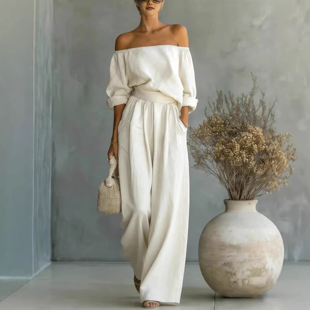 Freizeit Zweiteiler Damen-Outfit Off-Shoulder Top und Weite Hose Set