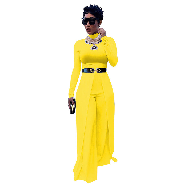 Mode Overall Hosen Langarm Eng Anliegender Weites Bein Jumpsuit
