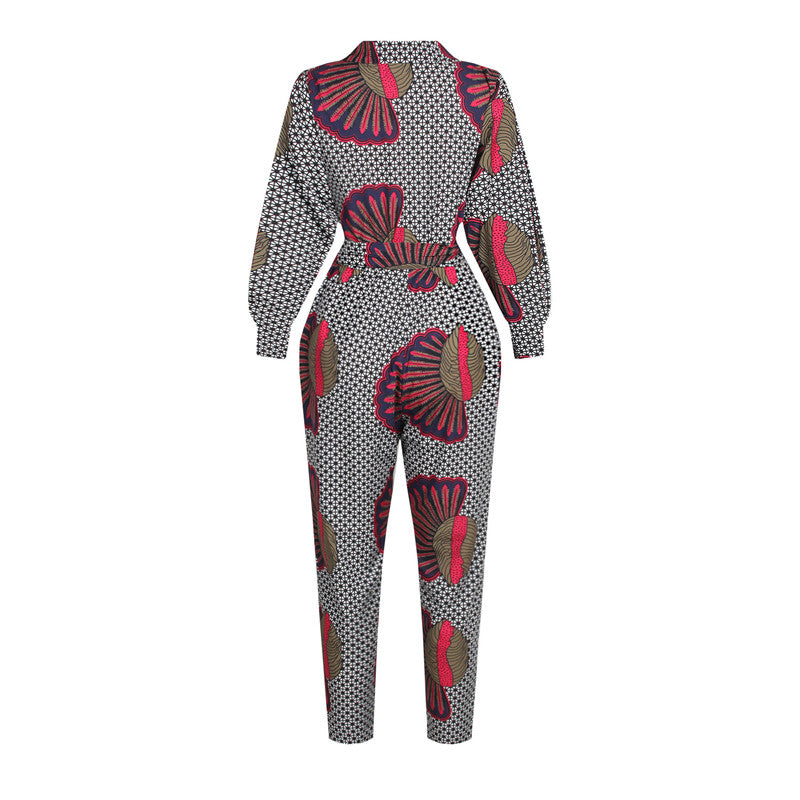 Damen Jumpsuit mit V-Ausschnitt, langen Ärmeln, afrikanischem Muster und verkürzter Hose