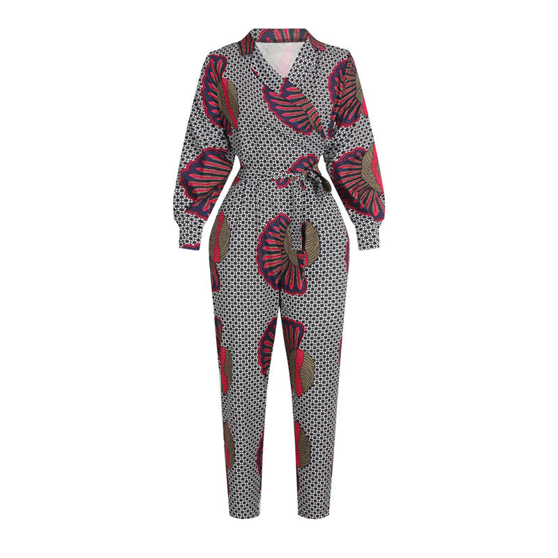 Damen Jumpsuit mit V-Ausschnitt, langen Ärmeln, afrikanischem Muster und verkürzter Hose