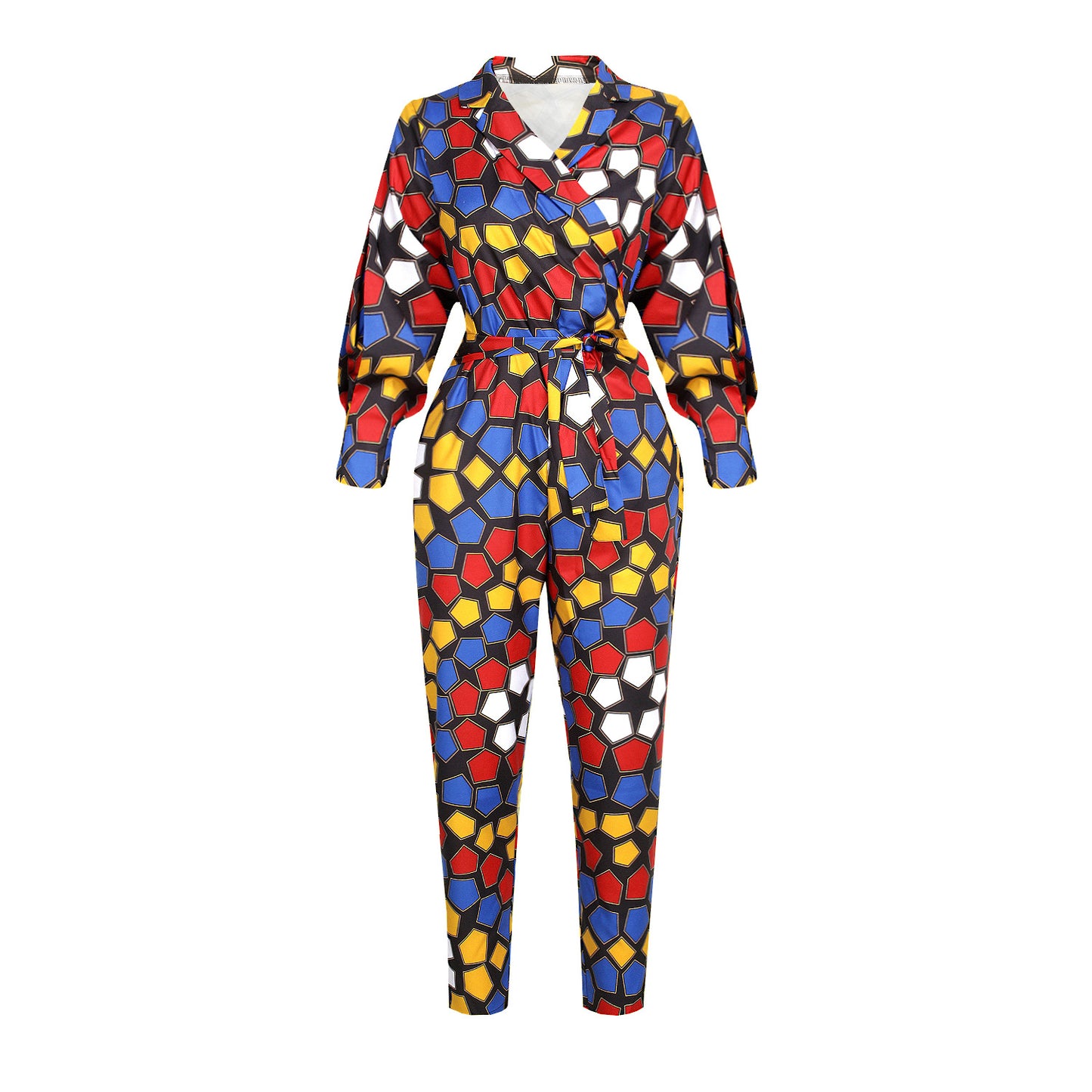 Damen Jumpsuit mit V-Ausschnitt, langen Ärmeln, afrikanischem Muster und verkürzter Hose