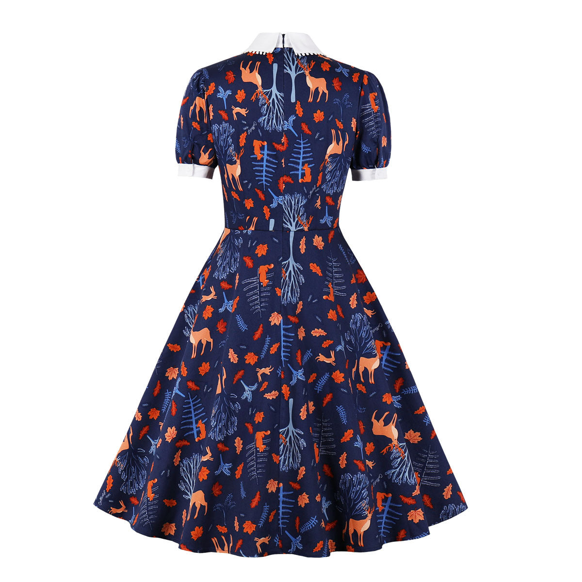 Enyuever Blaues Vintage-Kleid mit kurzen Ärmeln und Kragen