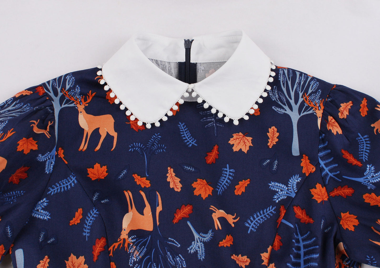 Enyuever Blaues Vintage-Kleid mit kurzen Ärmeln und Kragen