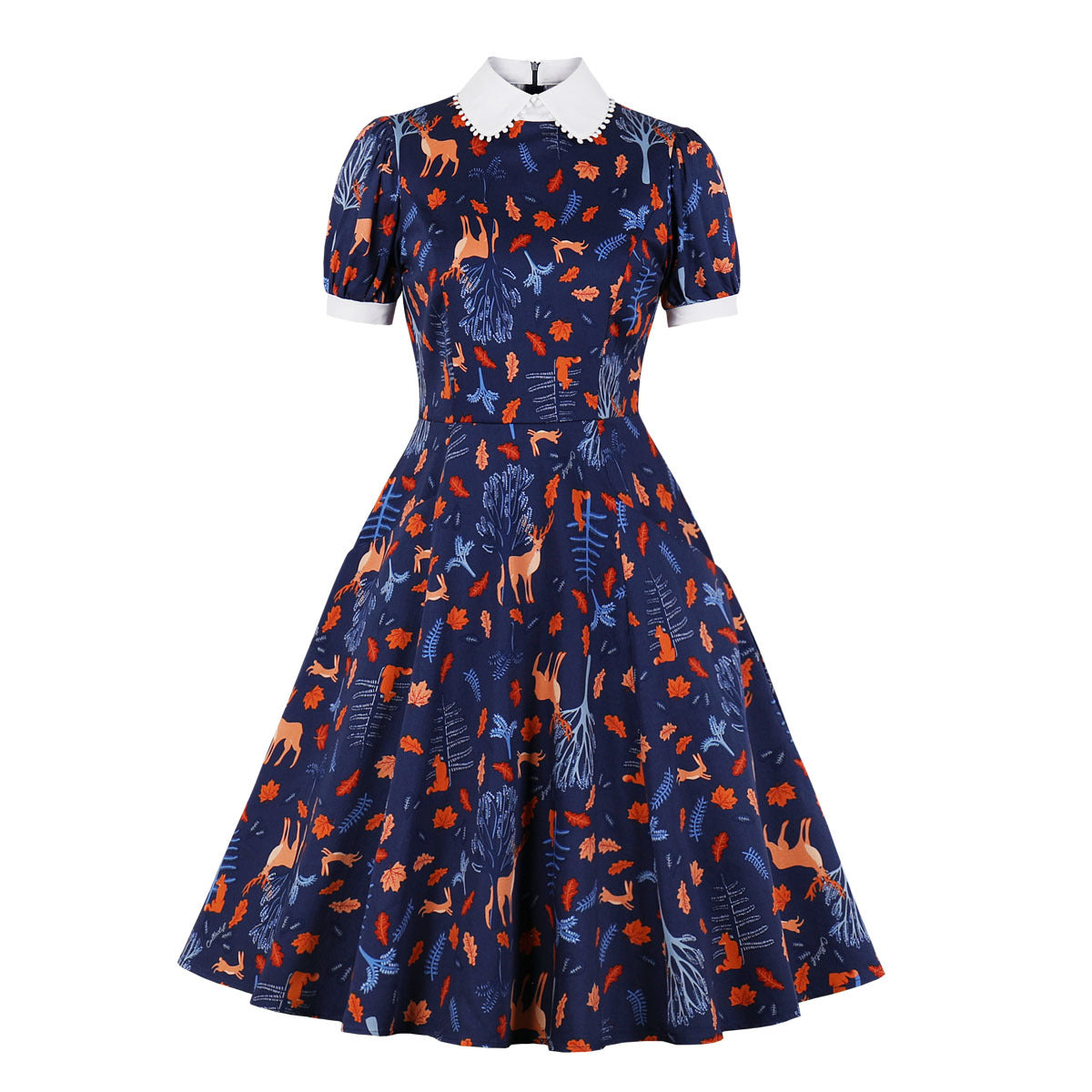 Enyuever Blaues Vintage-Kleid mit kurzen Ärmeln und Kragen