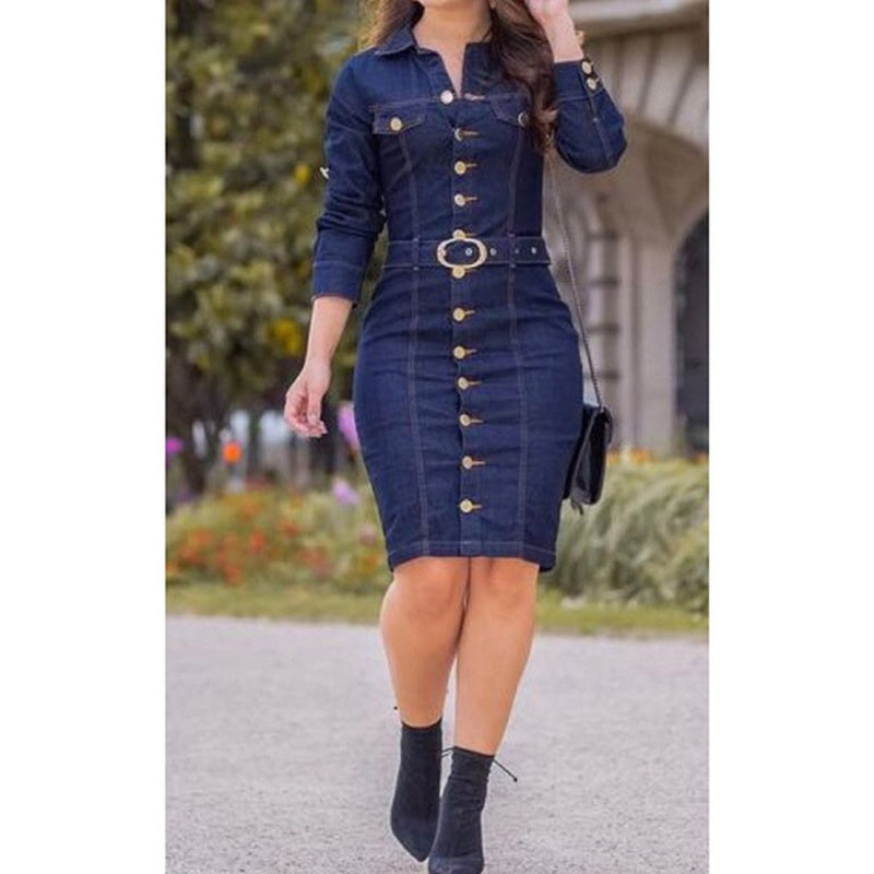 Long Sleeve Denim Sheath Midi Dress