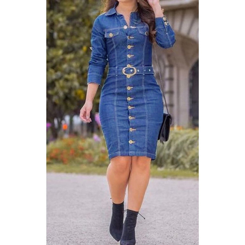Long Sleeve Denim Sheath Midi Dress