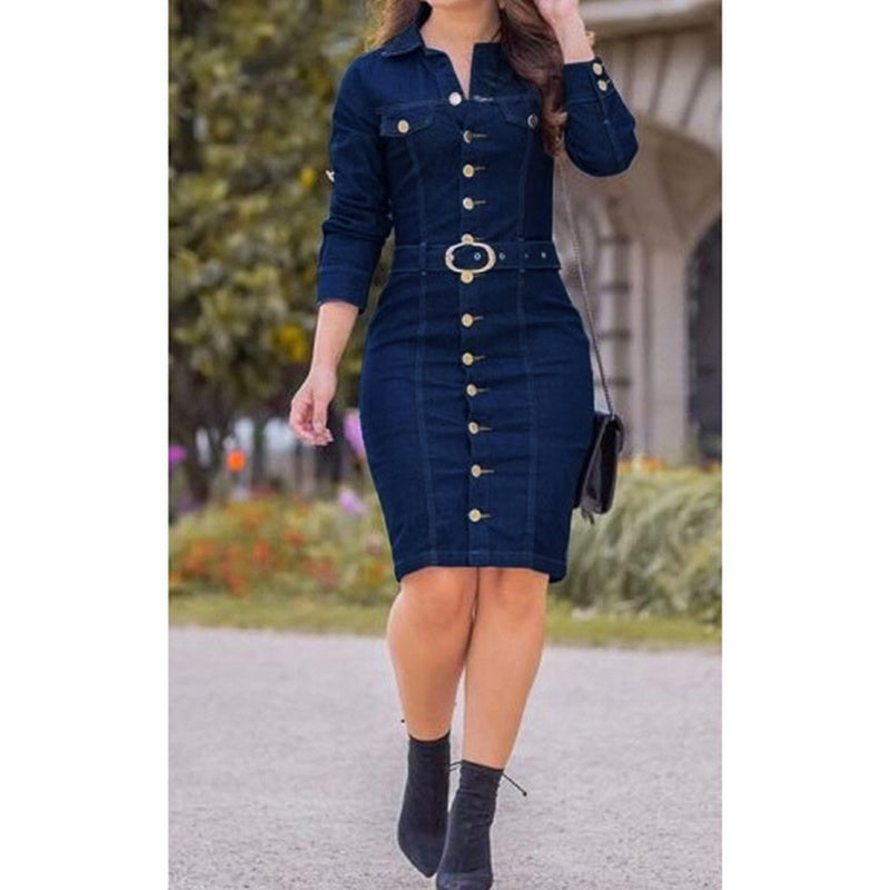 Long Sleeve Denim Sheath Midi Dress