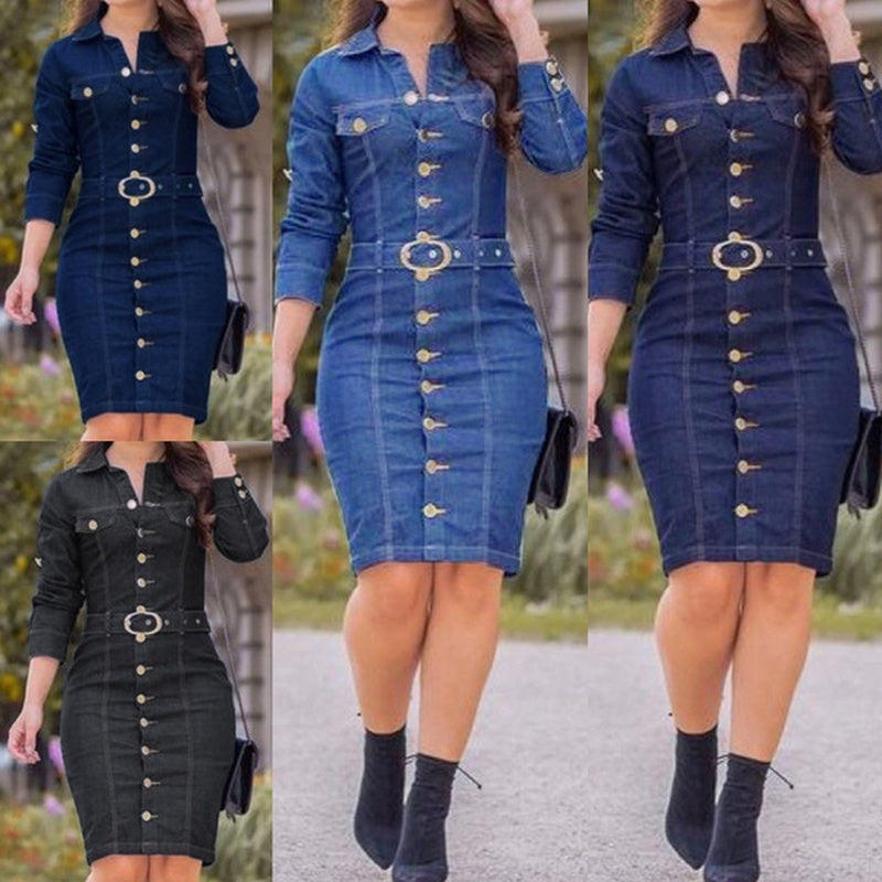 Long Sleeve Denim Sheath Midi Dress