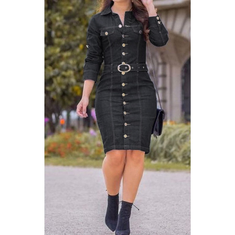 Long Sleeve Denim Sheath Midi Dress