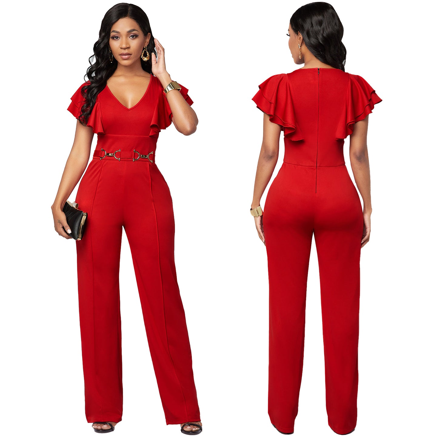 Combinaison sexy décontractée à manches longues et col en V pour femme