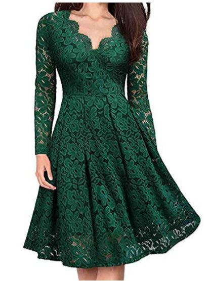 Damenkleider V-Ausschnitt schulterfrei Spitze Abendkleid Langarm Kleid Frühling Herbst Vestido Invierno Mujer