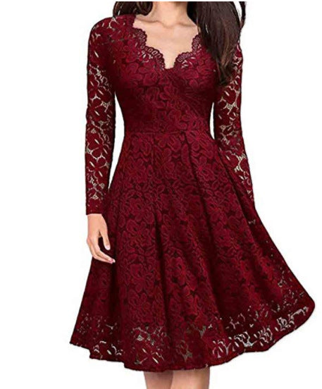 Damenkleider V-Ausschnitt schulterfrei Spitze Abendkleid Langarm Kleid Frühling Herbst Vestido Invierno Mujer