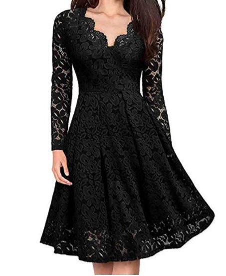 Damenkleider V-Ausschnitt schulterfrei Spitze Abendkleid Langarm Kleid Frühling Herbst Vestido Invierno Mujer
