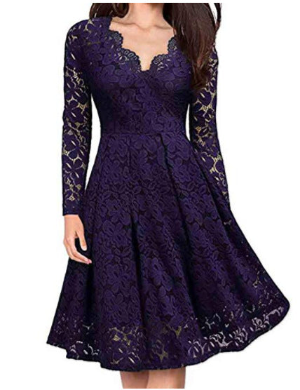 Damenkleider V-Ausschnitt schulterfrei Spitze Abendkleid Langarm Kleid Frühling Herbst Vestido Invierno Mujer