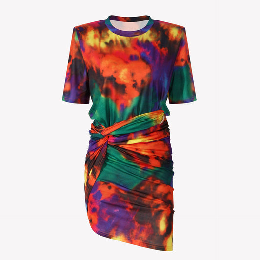 Print Set 21 Spring And Summer Dazzling Colorful Gradient Halo Dye Short Sleeve T-Shirt Pleated Half Skirt Two Piece Set