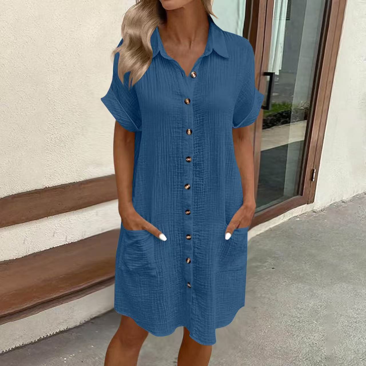 Casual Solid-Color Mid-Length Short-Sleeve Dress