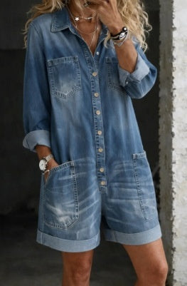 Loose-fit Faux Denim One-piece Shorts For Women