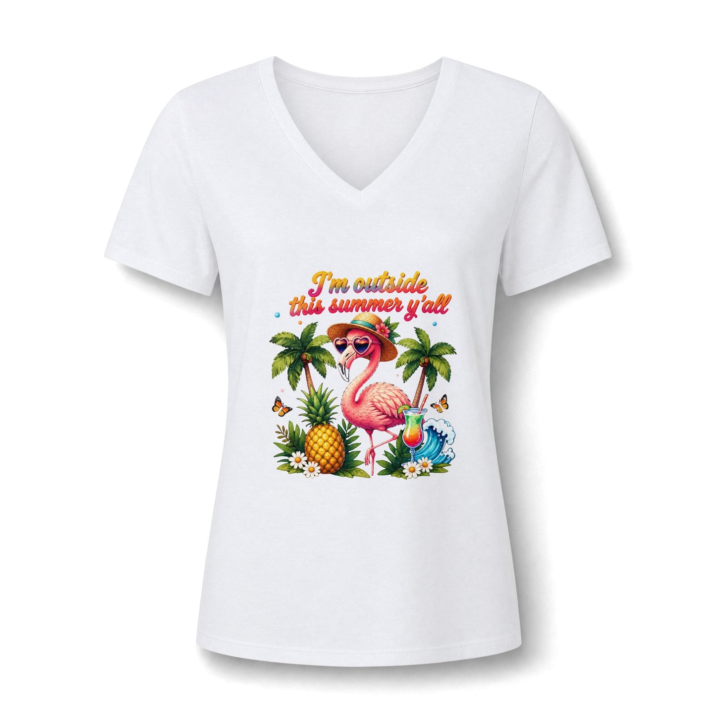 Women’s V-Neck Tee – 'I’m Outside This Summer y’all' Flamingo Tropical Beach Shirt