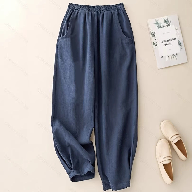 Marineblaue Ankle-Cinched Bloomer Hose aus Baumwoll-Leinen für Damen