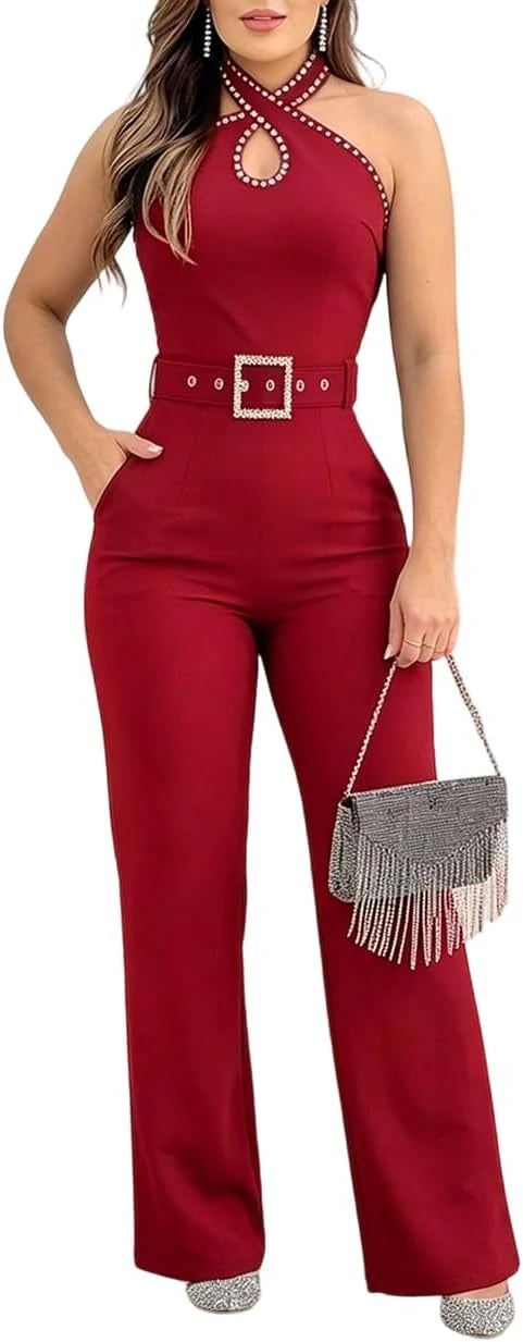 Halter Rhinestone Wide Leg Jumpsuit
