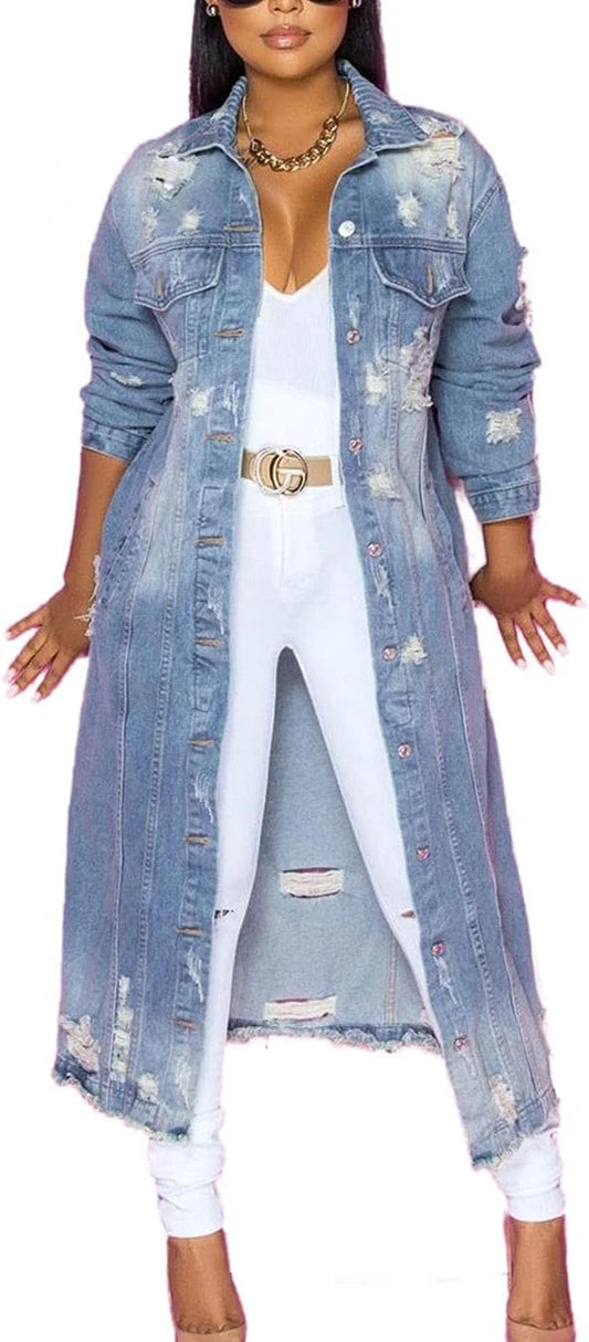 Distressed Long Denim Trench Coat
