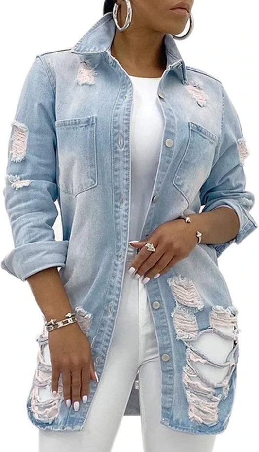 Distressed Long Denim Jacket