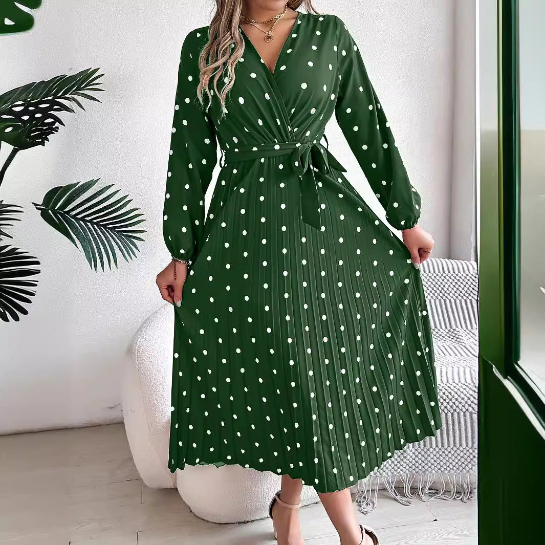 Robe longue élégante printemps-été, col en V croisé, pois contrastants, manches longues, plissée, robes de demoiselle d'honneur