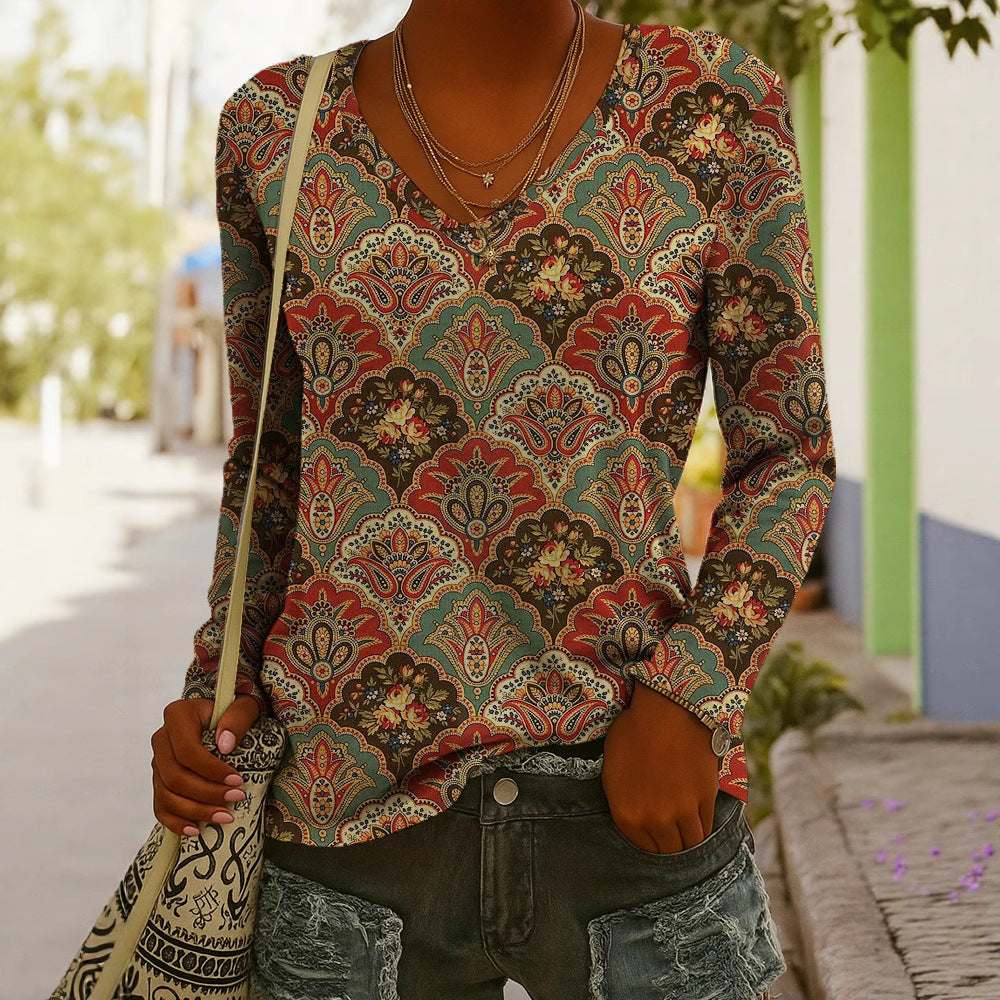 T-shirt à manches longues imprimé col en V style ethnique tendance