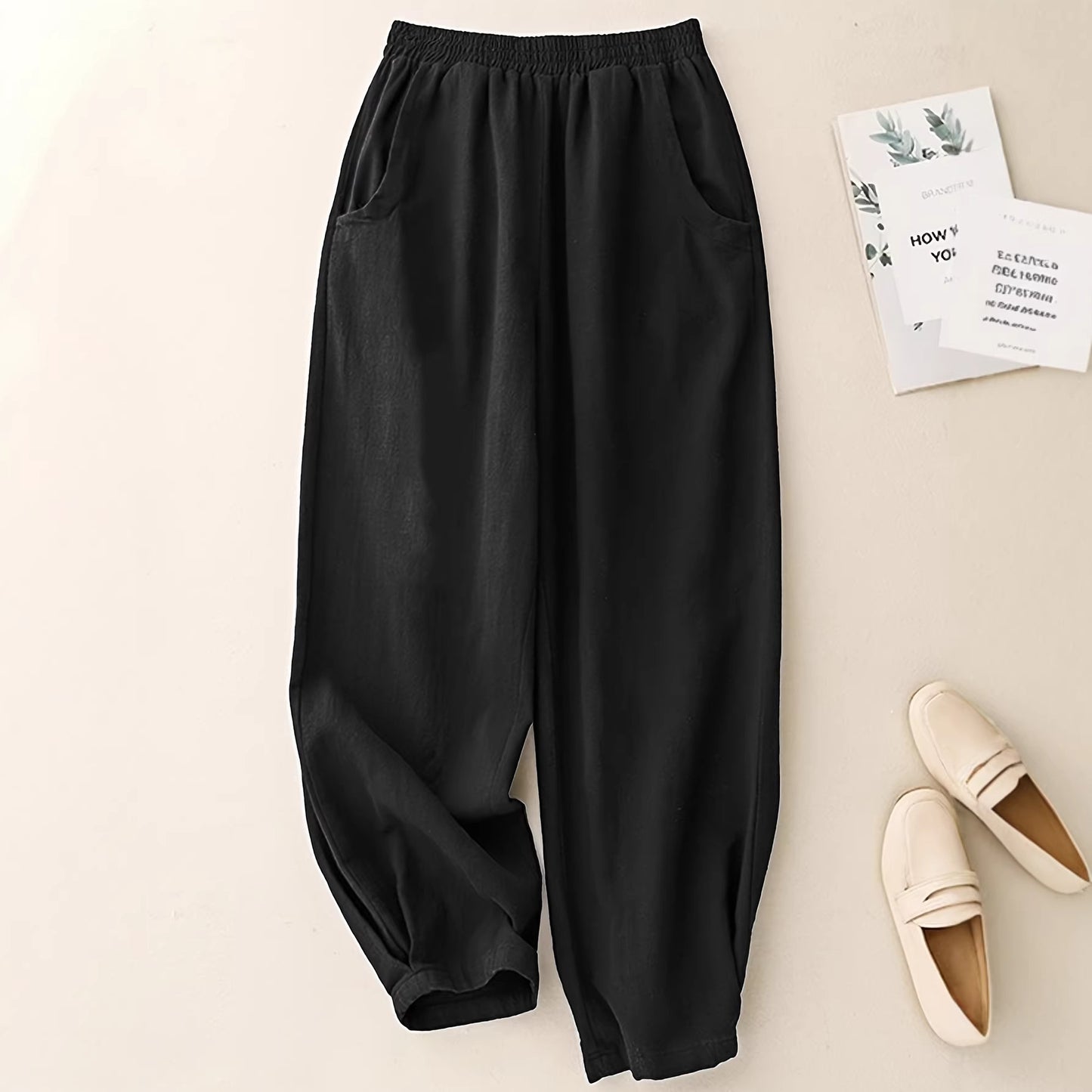 Marineblaue Ankle-Cinched Bloomer Hose aus Baumwoll-Leinen für Damen