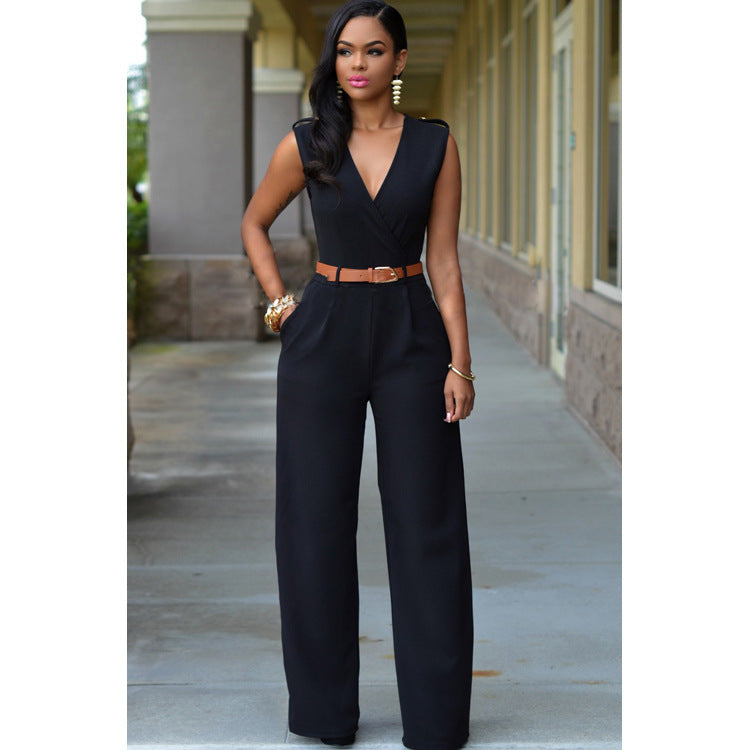 Ensemble tailleur irrégulier avec pantalon large taille haute, col en V et ceinture