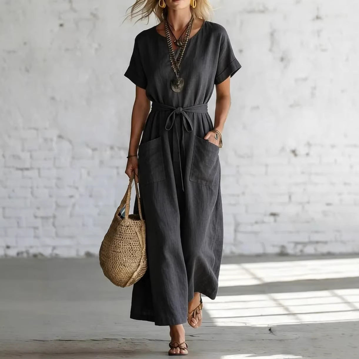 Short-Sleeve V-Neck Cotton-Linen Casual A-Line Dress