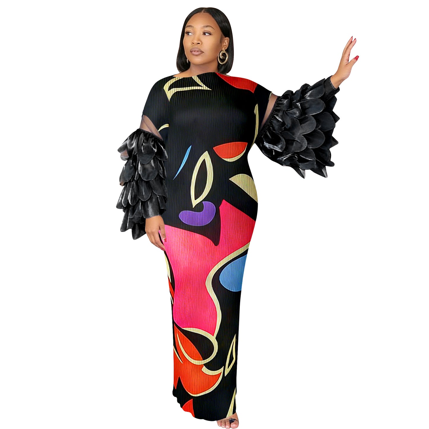 Feather-Panelled Miyake Pleats Fashionable Printed Dress