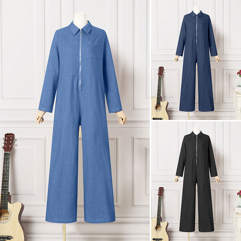 Damen-Jeans-Jumpsuit mit Reißverschluss in großen Größen
