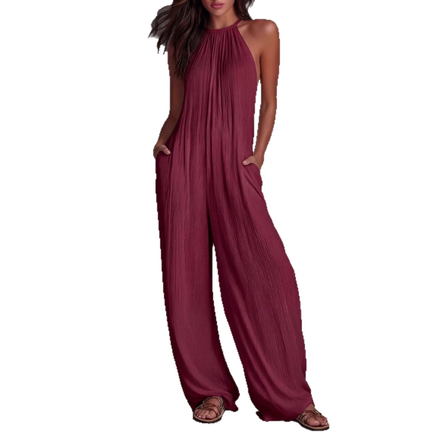 Weißer, plissierter Jumpsuit im Resort-Stil mit offener Rückenpartie und weitem Bein