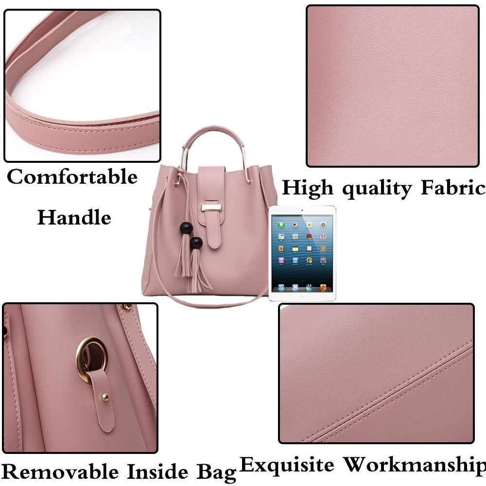 Ensemble de sacs à main pour femme 3 pièces avec pompon, sac fourre-tout, pochette, sac à bandoulière, sac à poignée supérieure